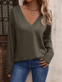 THEMEISLES 2025 2025 cross-border 2025 trade women's clothing  autumn and winter new solid color V-neck loose long-sleeved T-shirt buttons