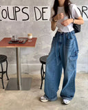 themeisles South Korea  Spring New Fashionable All-Match Drawstring Large Pocket Neutral Loose Overalls Wide-Leg Jeans Women