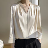 THEMEISLES Elegant Long Sleeve Blouse Women's Early Spring and Summer 24 New Artificial Silk Top Satin Chiffon V-neck Top 3/4 Sleeve