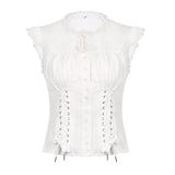 THEMEISLES Style Temperament Waist Trimming Lace up Shirt Summer Palace Style Lace Breasted Stitching Micro Pleated Solid Color Sexy Top Women