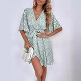 Popular trade 2025 women's clothing   popular summer V-neck short-sleeved waist ruffle dress