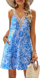 THEMEISLES Cross-Border Women's Summer Beach Lace V-neck Tank Dress Casual Tropical Printing Short Sleeveless Dress