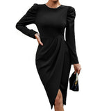 THEMEISLES 2025 Autumn and Winter Crew Neck Temperament Elegant Waist Irregular Split Dress