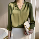 THEMEISLES Elegant Long Sleeve Blouse Women's Early Spring and Summer 24 New Artificial Silk Top Satin Chiffon V-neck Top 3/4 Sleeve