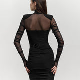 2025 H24DS124  women's clothing autumn new sexy mesh see-through shoulder padded high-neck long-sleeved high-waisted long dress