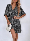 Popular trade 2025 women's clothing   popular summer V-neck short-sleeved waist ruffle dress