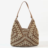 THEMEISLES New Fashion Paper String Straw Bag Hollow Square Flower Big Triangle Contrast Color Woven Bag Shoulder Vacation Beach Bag Women's Bag