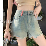 themeisles Ripped Denim Shorts Women's Summer  New High Waist Slimming Raw Hem Wide Legs Loose A- line Hot Pants Trendy Ins