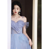 2025 Banquet evening dress women's 2025 spring new banquet super fairy one-word shoulder toast dress host performance dress dress