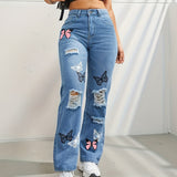 themeisles Butterfly Print Ripped Cut Fashion Denim Straight High Waist Contrast Color Denim Trousers for Women