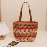 THEMEISLES New Shoulder Straw Bag Contrast Color Handmade Large Capacity Woven Bag Vacation Beach Bag Casual Summer Women's Bag