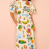 THEMEISLES Independent Station New Summer Elegance European and American Women's Clothing Printed Puff Sleeve Pocket Belt Mid-Length Dress