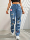 themeisles Butterfly Print Ripped Cut Fashion Denim Straight High Waist Contrast Color Denim Trousers for Women