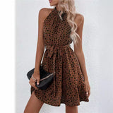 Popular trade  popular 2025 summer sleeveless polka dot printing lace-up waist ruffle edge dress women