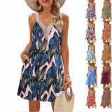 THEMEISLES Cross-Border Women's Summer Beach Lace V-neck Tank Dress Casual Tropical Printing Short Sleeveless Dress