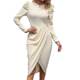 THEMEISLES 2025 Autumn and Winter Crew Neck Temperament Elegant Waist Irregular Split Dress