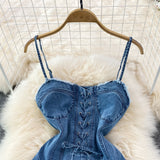 2025 Summer New Lace-up Waist-Controlled Slim Backless Sleeveless Sexy Sweet Denim Sling A- line Dress Women