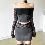 2025 style popular autumn new women's clothing contrasting colors splicing lace long-sleeved top hip skirt