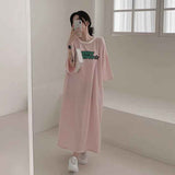 2025 THEMEISLES Manufacturer Korean version striped short-sleeved t-shirt dress women's summer tide brand pure cotton medium and long casual long skirt large size