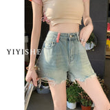 themeisles Ripped Denim Shorts Women's Summer  New High Waist Slimming Raw Hem Wide Legs Loose A- line Hot Pants Trendy Ins