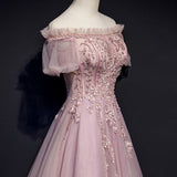 tmallworld Unique Pink Off Shoulder with Lace Long Party Dress, Prom Gown