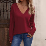 THEMEISLES 2025 2025 cross-border 2025 trade women's clothing  autumn and winter new solid color V-neck loose long-sleeved T-shirt buttons