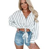 THEMEISLES Cross-Border Foreign Trade Women's Striped Long Sleeve Shirt Waist-Controlled Lace-up Loose Top