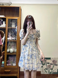 THEMEISLES Tea Break  Style Square Collar Puff Sleeve Floral Dress Women's Summer  New Holiday Waist A- line Skirt