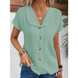 THEMEISLES Summer New  Cross Border Solid Color Short-Sleeved Cardigan Button Women's Top