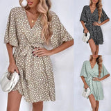 Popular trade 2025 women's clothing   popular summer V-neck short-sleeved waist ruffle dress