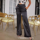 themeisles Cross-Border Spring and Summer New HOTan and NEWn Women's Clothing Fashion Casual Pants Satin Pocket Slightly Flared Loose Trousers