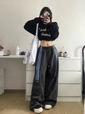 themeisles NEWn-Style Retro Hip Hop Drawstring Wide-Leg Pants Women's High Waist Loose Leisure Sports Straight Sweatpants Hip Hop Mop Pants Tide