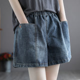 Summer Korean Style Denim Shorts Women's Large Pocket Loose Slimming Youthful-Looking All-Matching Wide Leg Fat Girl Elastic Waist Shorts Women