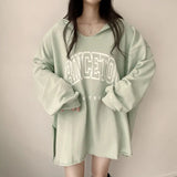 THEMEISLES Manufacturer's letter hooded loose spring and autumn sweater women's V-neck medium and long letters Japanese lazy thin Taiwan autumn and winter