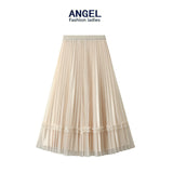 THEMEISLES Summer Pleated Skirt High-Grade Korean Style Large Swing Tulle Skirt Solid Color Long Skirt a-Line Women's Drape Lace Skirt Women's