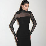 2025 H24DS124  women's clothing autumn new sexy mesh see-through shoulder padded high-neck long-sleeved high-waisted long dress