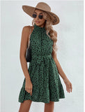 Popular trade  popular 2025 summer sleeveless polka dot printing lace-up waist ruffle edge dress women