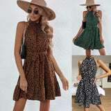 Popular trade  popular 2025 summer sleeveless polka dot printing lace-up waist ruffle edge dress women