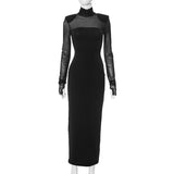 2025 H24DS124  women's clothing autumn new sexy mesh see-through shoulder padded high-neck long-sleeved high-waisted long dress