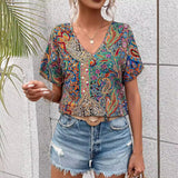 THEMEISLES New Women's Casual Dolman Sleeve Short Sleeve Western Style Trend Printed Loose Top V-neck T-shirt for Women