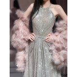 2025 neck toast dress bride 2025 new light luxury temperament pink feather shawl banquet sequined evening dress