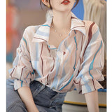 THEMEISLES Abstract Printing Shirt Women's Thin Spring and Autumn Loose Slimming Lapel Unique Top Striped Shirt Fashion