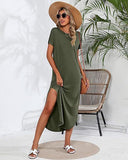 THEMEISLES European beautiful women's short-sleeved super long dress round neck casual loose split end long summer beach shirt with pockets