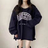 THEMEISLES Manufacturer's letter hooded loose spring and autumn sweater women's V-neck medium and long letters Japanese lazy thin Taiwan autumn and winter