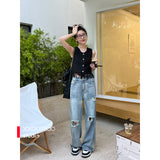 Drill Chain Long Hot Girl Jeans Thin Women Straight Summer Slimming Side Slit Casual Loose-Fitting Wide-Leg Trousers