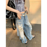 [Lin Lin's Home] American Retro High Street Ripped Jeans Women's 2025 Summer New Loose Wide Leg Casual Trousers