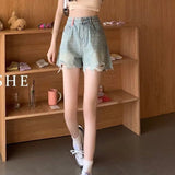 themeisles Ripped Denim Shorts Women's Summer  New High Waist Slimming Raw Hem Wide Legs Loose A- line Hot Pants Trendy Ins