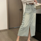 THEMEISLES Lizhiqi Retro High Waist Skirt Spring New Fashion Slimming Front Slit Denim A- Line Skirt Women 240241