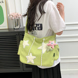 THEMEISLES Large Capacity Corduroy Bag Women's Shoulder Ins Casual Five-Pointed Star Messenger Bag Cute Wild Student Tote Bag