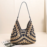 THEMEISLES New Fashion Paper String Straw Bag Hollow Square Flower Big Triangle Contrast Color Woven Bag Shoulder Vacation Beach Bag Women's Bag